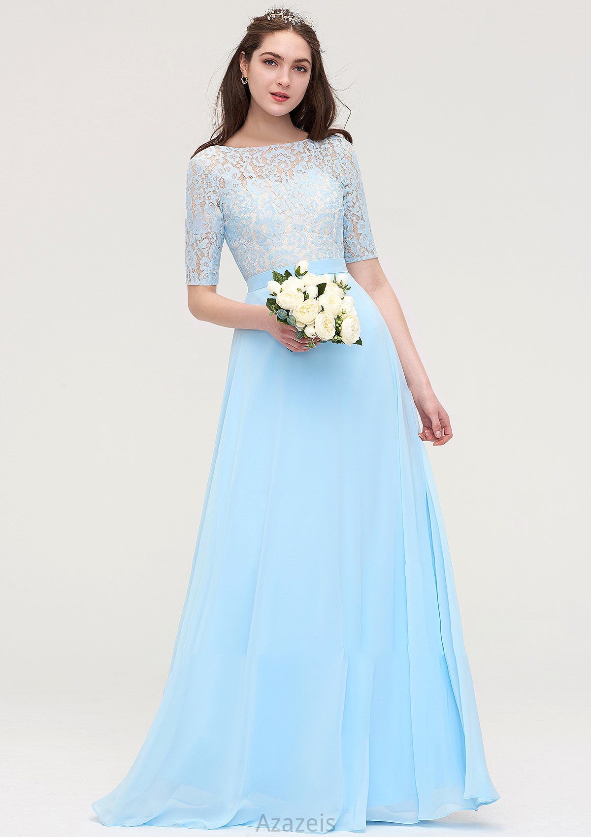 Half Sleeve Long/Floor-Length Bateau Chiffon A-line/Princess Bridesmaid Dresses With Lace Lilliana DFP0025450