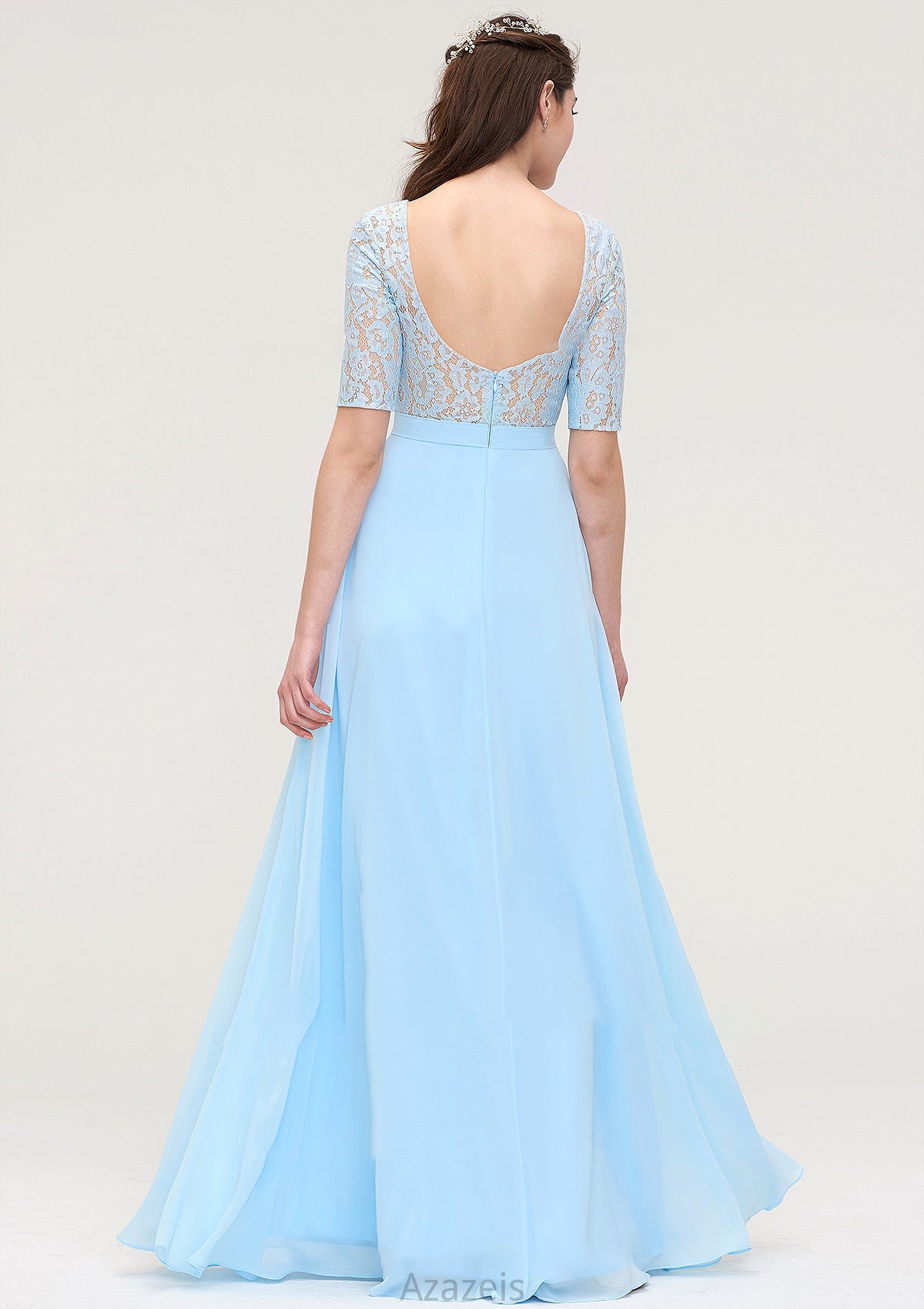 Half Sleeve Long/Floor-Length Bateau Chiffon A-line/Princess Bridesmaid Dresses With Lace Lilliana DFP0025450