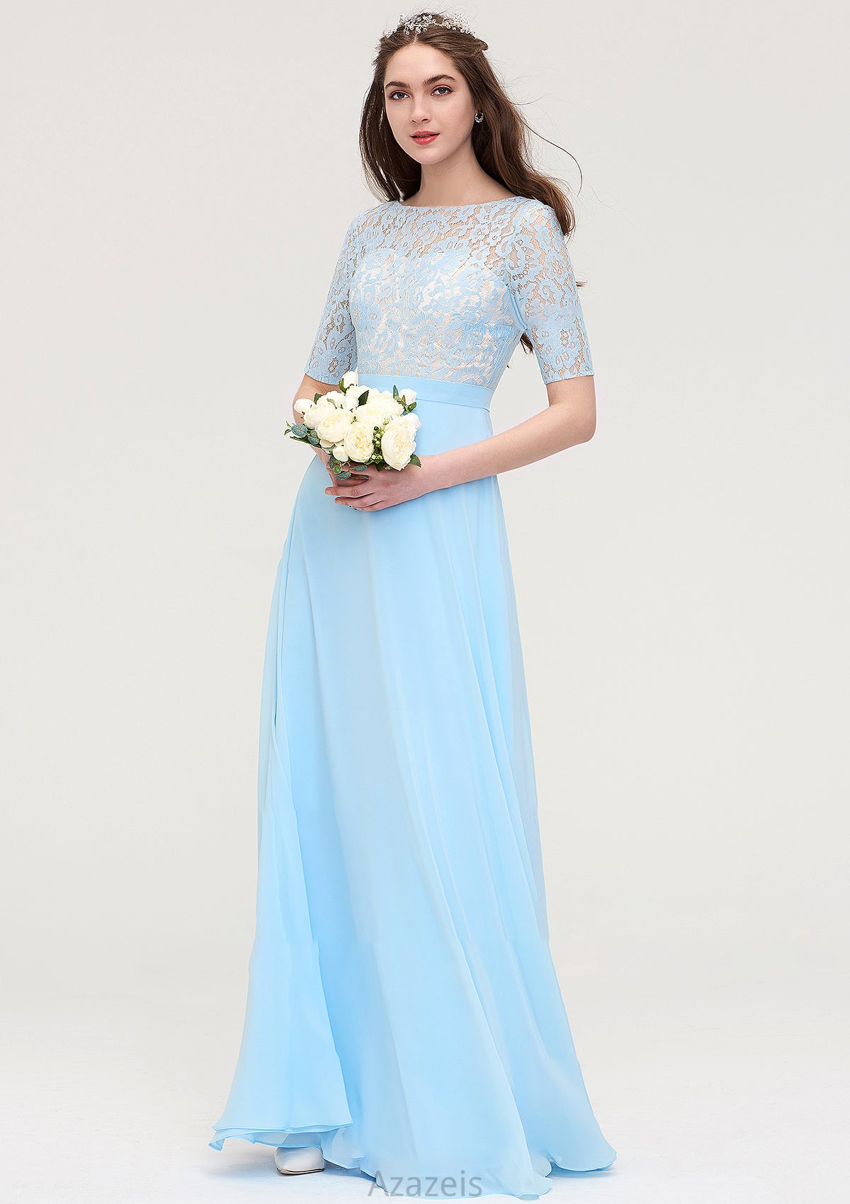 Half Sleeve Long/Floor-Length Bateau Chiffon A-line/Princess Bridesmaid Dresses With Lace Lilliana DFP0025450