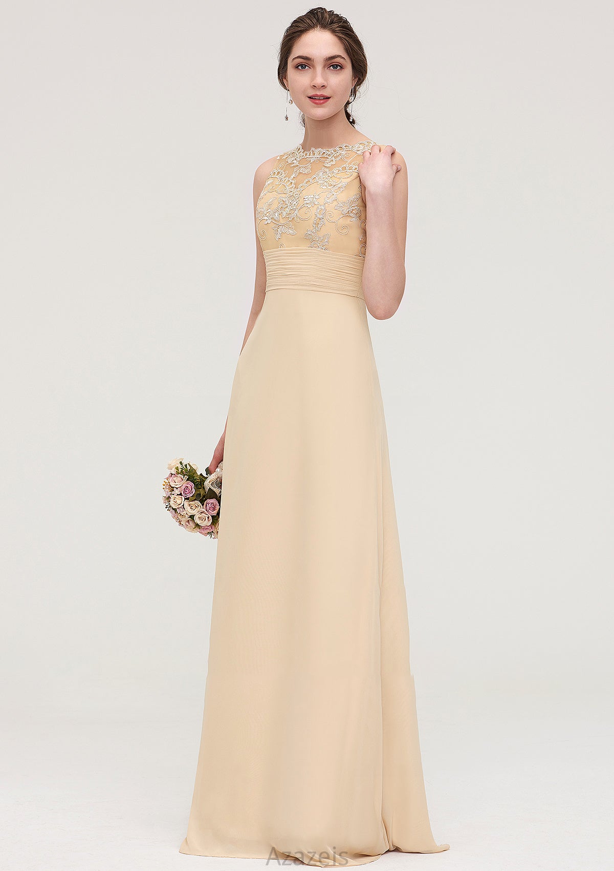 Sleeveless Halter Open Back Long/Floor-Length Sheath/Column Chiffon Bridesmaid Dresses With Pleated Lace Madilynn DFP0025451