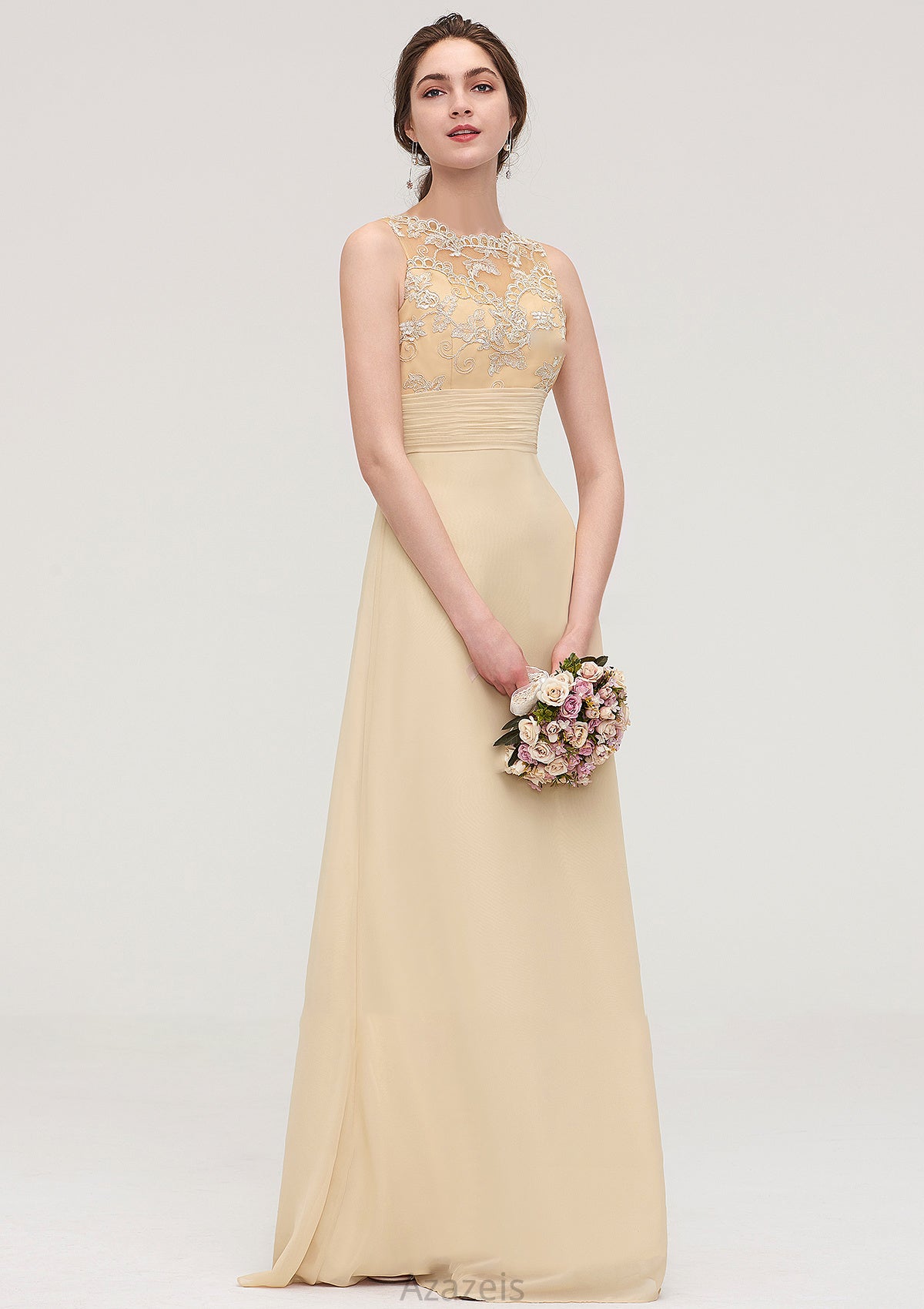 Sleeveless Halter Open Back Long/Floor-Length Sheath/Column Chiffon Bridesmaid Dresses With Pleated Lace Madilynn DFP0025451