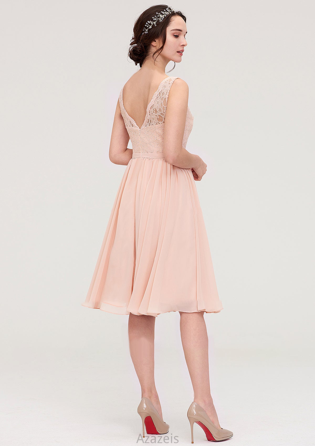 Sleeveless V Neck A-line/Princess Chiffon Knee-Length Bridesmaid Dresses With Lace Deanna DFP0025453