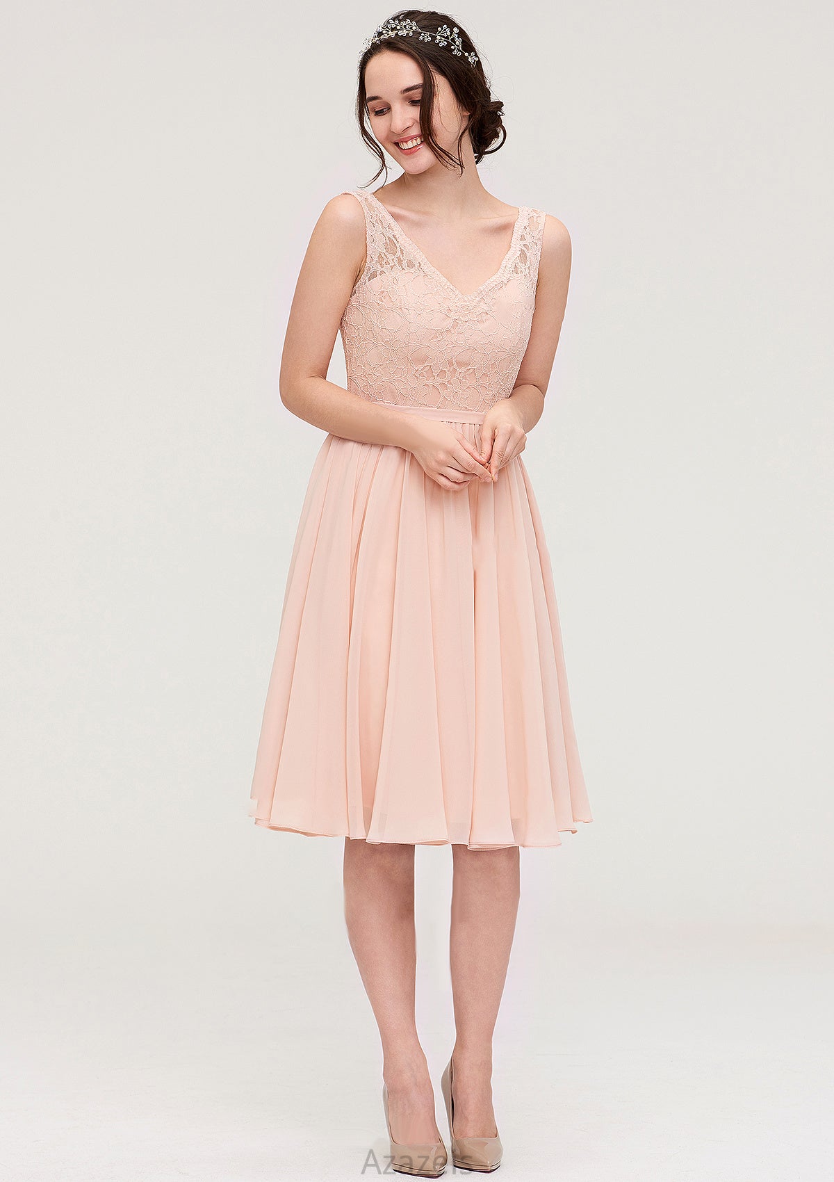 Sleeveless V Neck A-line/Princess Chiffon Knee-Length Bridesmaid Dresses With Lace Deanna DFP0025453