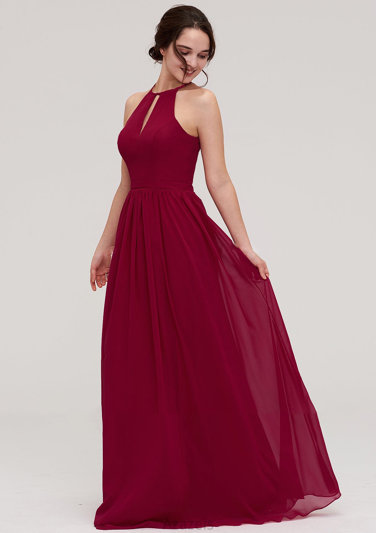 Scoop Neck Sleeveless A-line/Princess Long/Floor-Length Chiffon Bridesmaid Dresseses With Pleated Callie DFP0025456