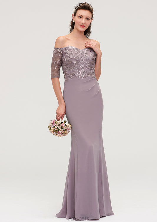 Off-the-Shoulder Half Sleeve Sheath/Column Long/Floor-Length Chiffon Bridesmaid Dresseses With Appliqued Winifred DFP0025458