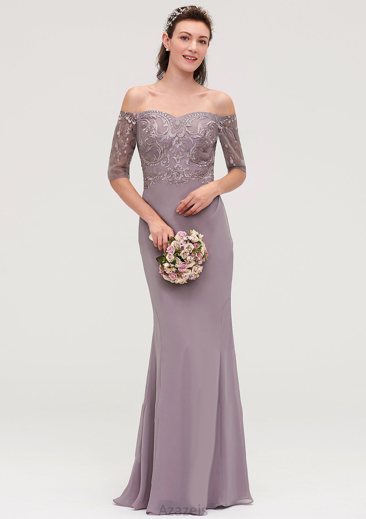 Off-the-Shoulder Half Sleeve Sheath/Column Long/Floor-Length Chiffon Bridesmaid Dresseses With Appliqued Winifred DFP0025458