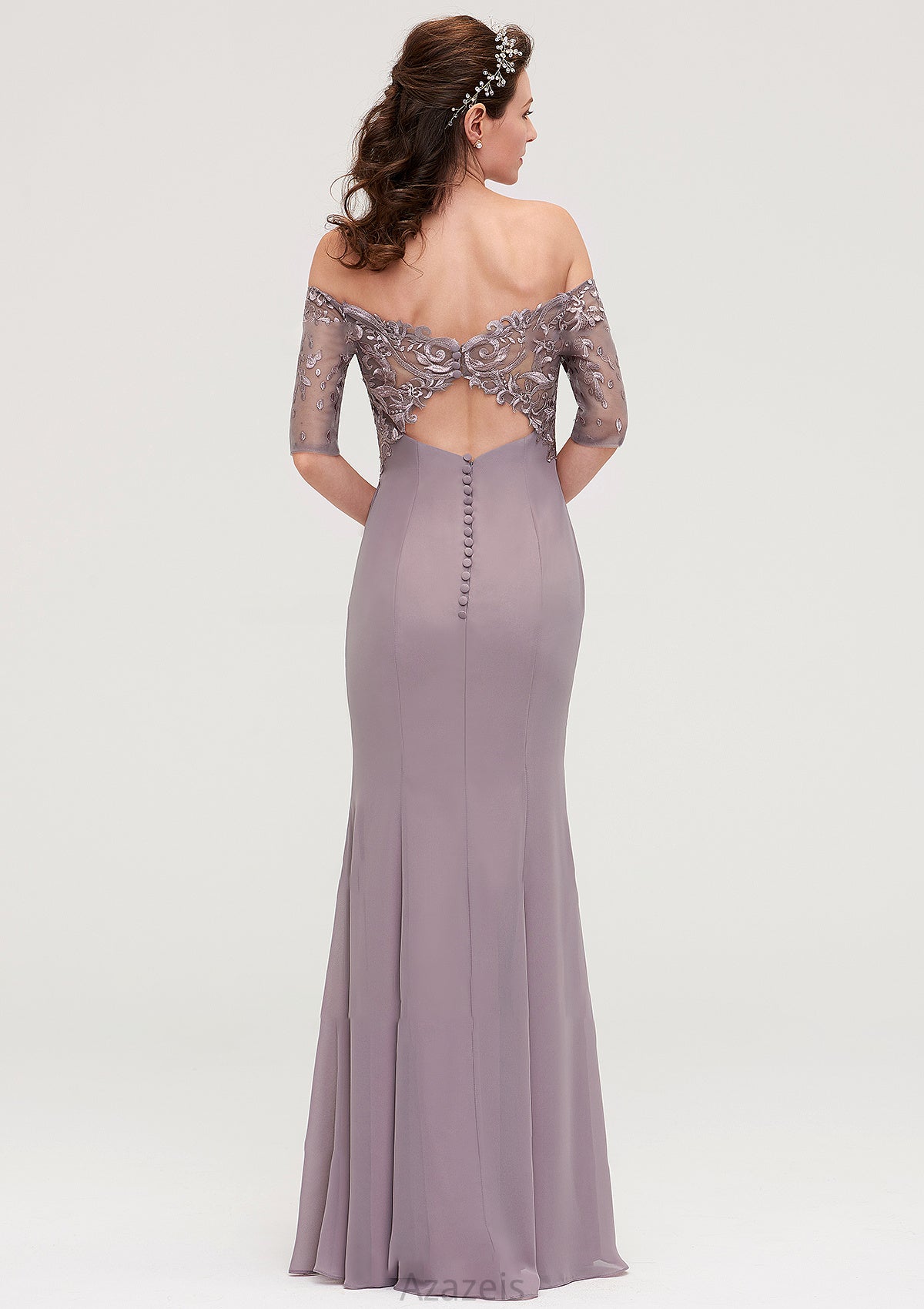 Off-the-Shoulder Half Sleeve Sheath/Column Long/Floor-Length Chiffon Bridesmaid Dresseses With Appliqued Winifred DFP0025458