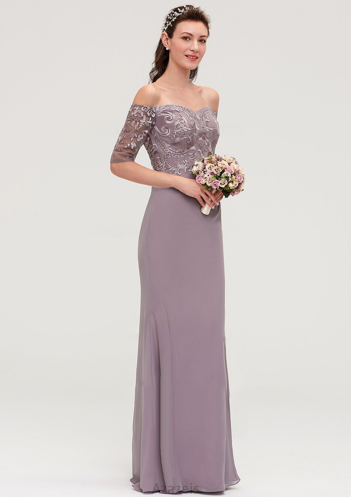 Off-the-Shoulder Half Sleeve Sheath/Column Long/Floor-Length Chiffon Bridesmaid Dresseses With Appliqued Winifred DFP0025458