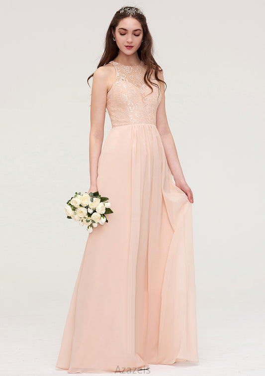 Bateau Sleeveless Long/Floor-Length Chiffon A-line/Princess Bridesmaid Dresses With Lace Pleated Patti DFP0025464