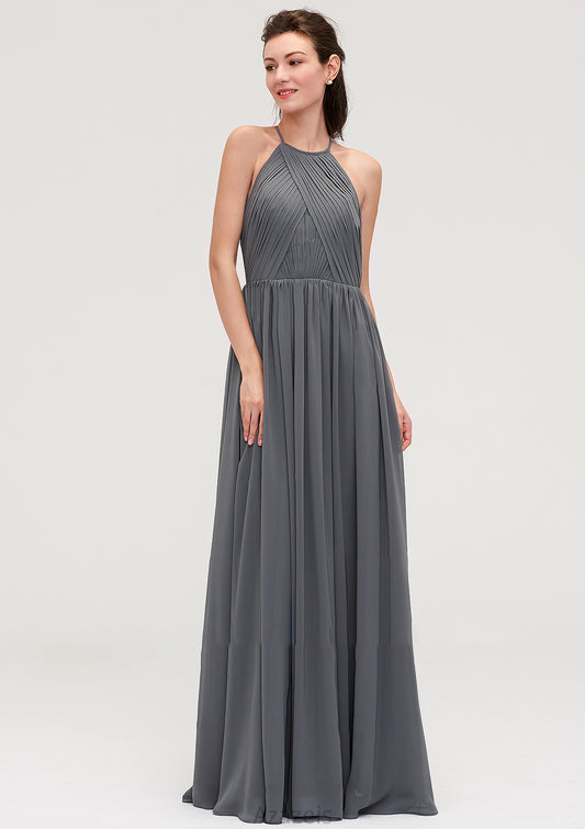 Sleeveless Halter Chiffon A-line/Princess Long/Floor-Length Bridesmaid Dresseses With Pleated Aliana DFP0025466