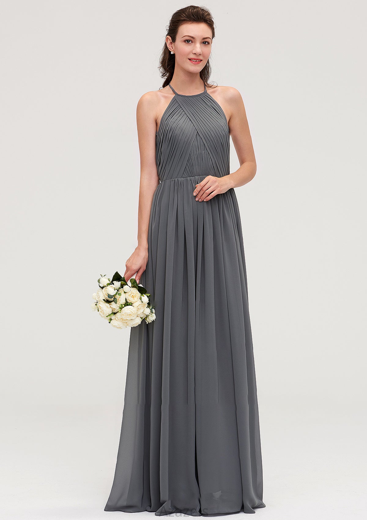 Sleeveless Halter Chiffon A-line/Princess Long/Floor-Length Bridesmaid Dresseses With Pleated Aliana DFP0025466