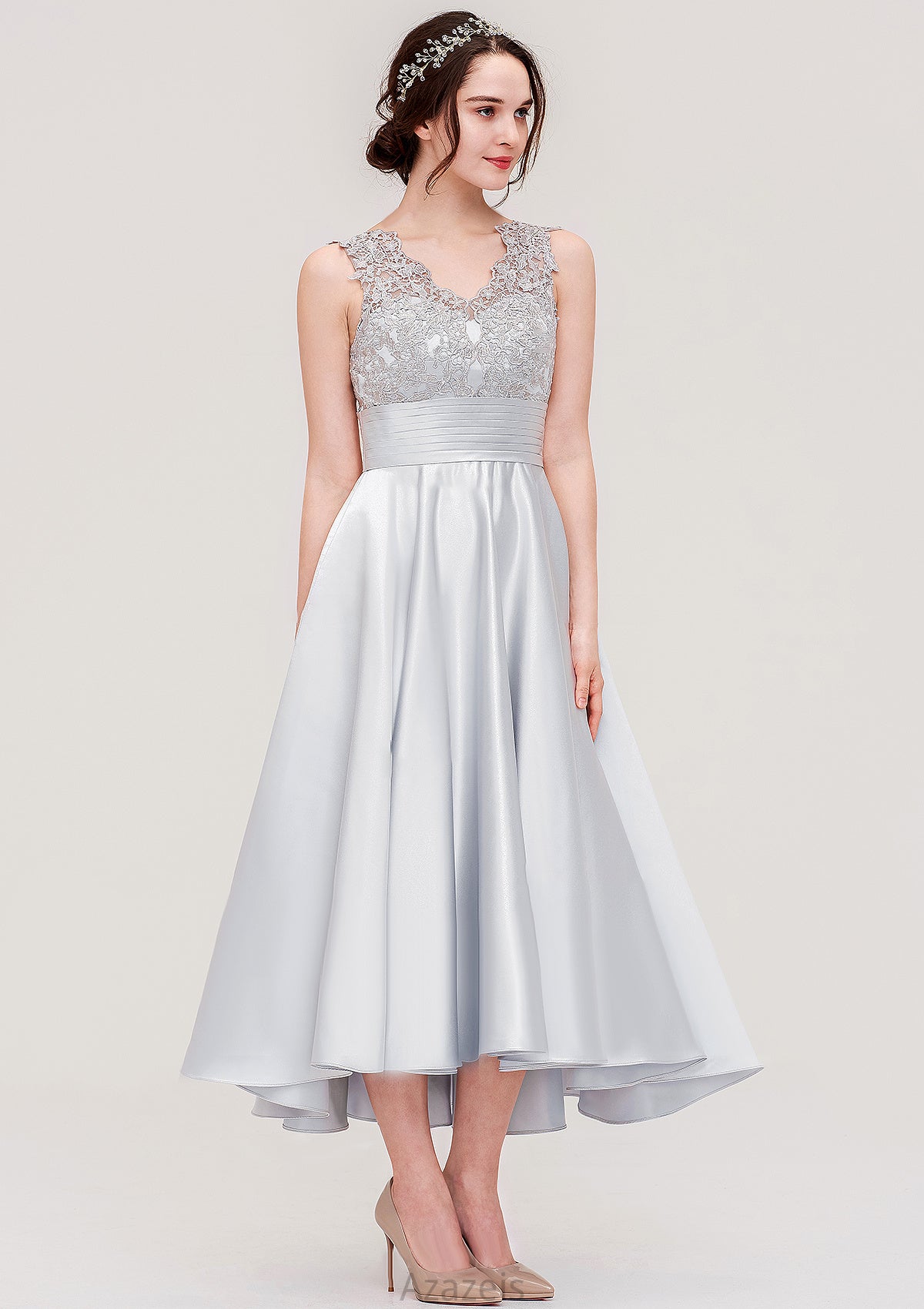 Sleeveless V Neck Asymmetrical Satin A-line/Princess Bridesmaid Dresses With Pleated Lace Fatima DFP0025468