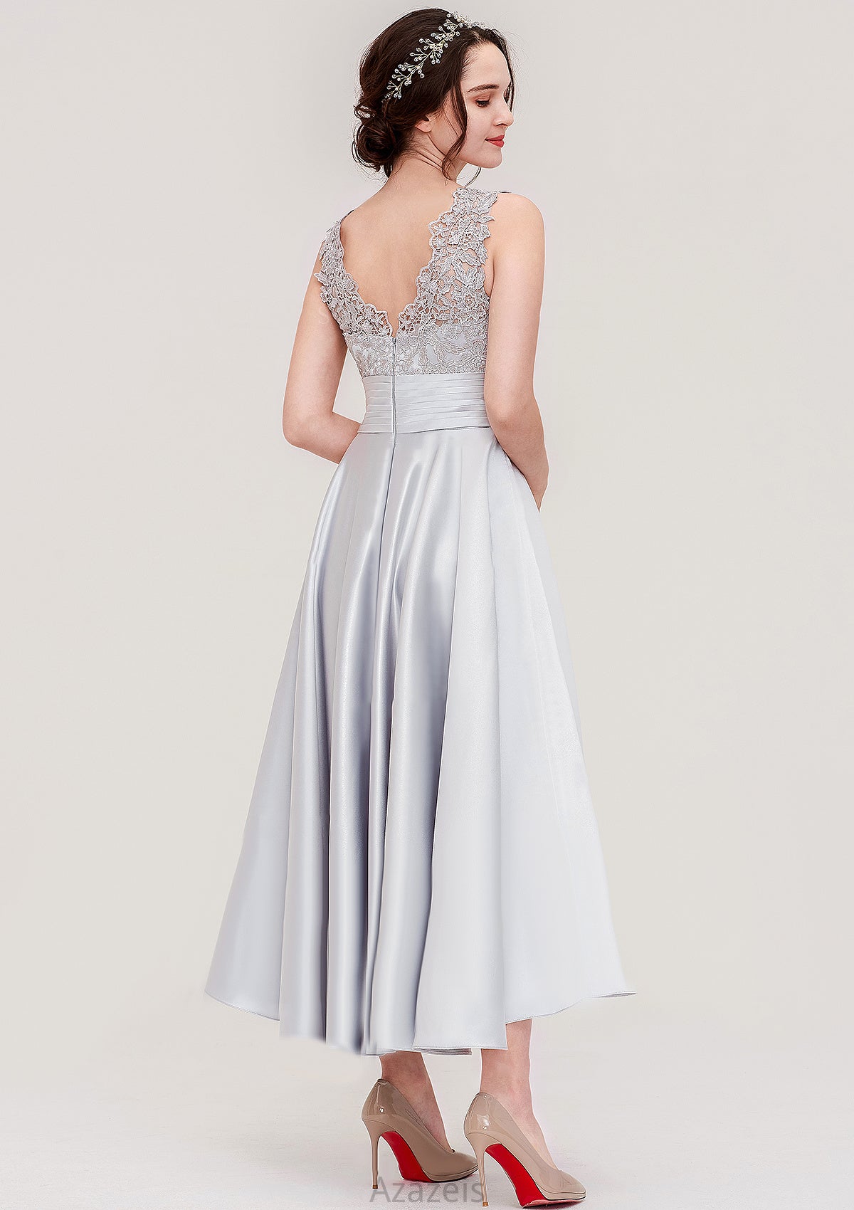 Sleeveless V Neck Asymmetrical Satin A-line/Princess Bridesmaid Dresses With Pleated Lace Fatima DFP0025468