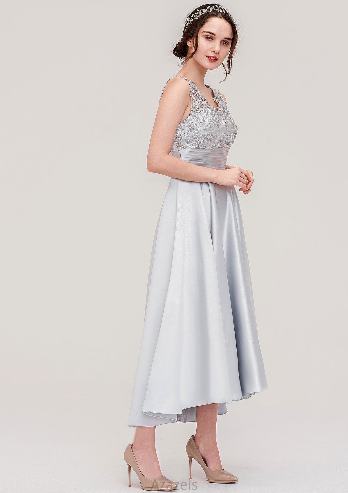 Sleeveless V Neck Asymmetrical Satin A-line/Princess Bridesmaid Dresses With Pleated Lace Fatima DFP0025468