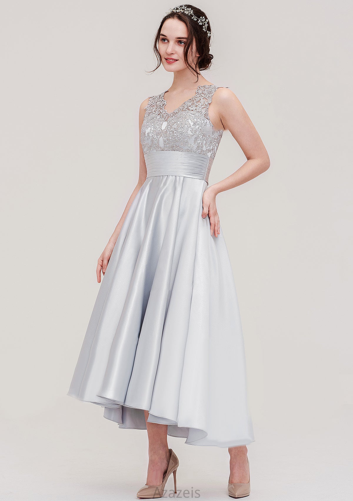 Sleeveless V Neck Asymmetrical Satin A-line/Princess Bridesmaid Dresses With Pleated Lace Fatima DFP0025468