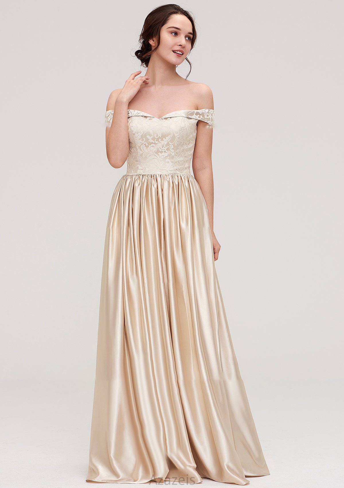 Off-the-Shoulder SleevelessA-line/Princess Charmeuse  Long/Floor-Length Bridesmaid Dresses With Appliqued Uerica DFP0025469