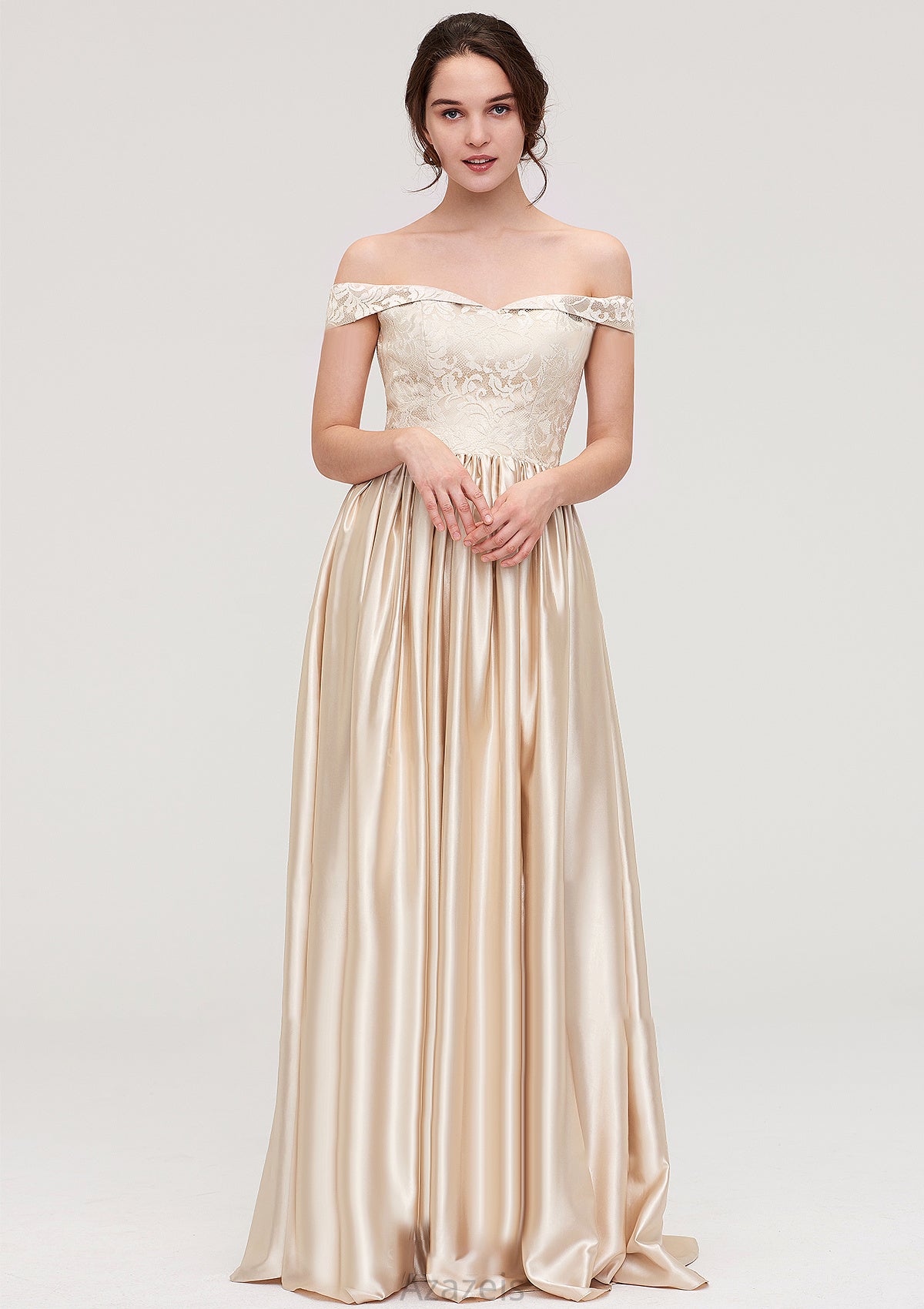 Off-the-Shoulder SleevelessA-line/Princess Charmeuse  Long/Floor-Length Bridesmaid Dresses With Appliqued Uerica DFP0025469