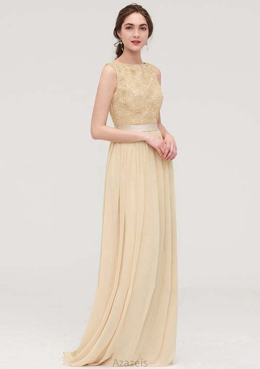 Bateau Sleeveless A-line/Princess Chiffon Long/Floor-Length Bridesmaid Dresses With Sashes Lace Mariela DFP0025472