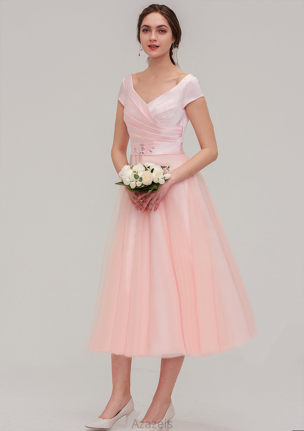 Sweetheart Short Sleeve Tea-Length Tulle A-line/Princess Bridesmaid Dresses With Waistband Beading Pleated Annie DFP0025473