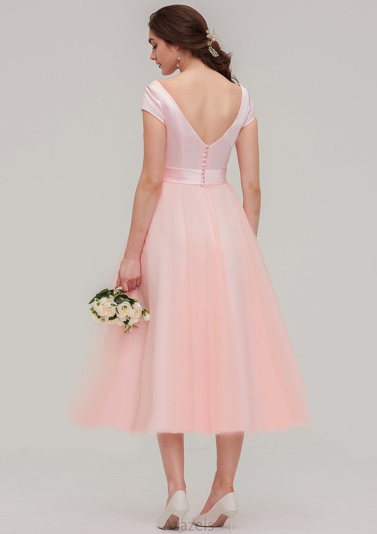 Sweetheart Short Sleeve Tea-Length Tulle A-line/Princess Bridesmaid Dresses With Waistband Beading Pleated Annie DFP0025473