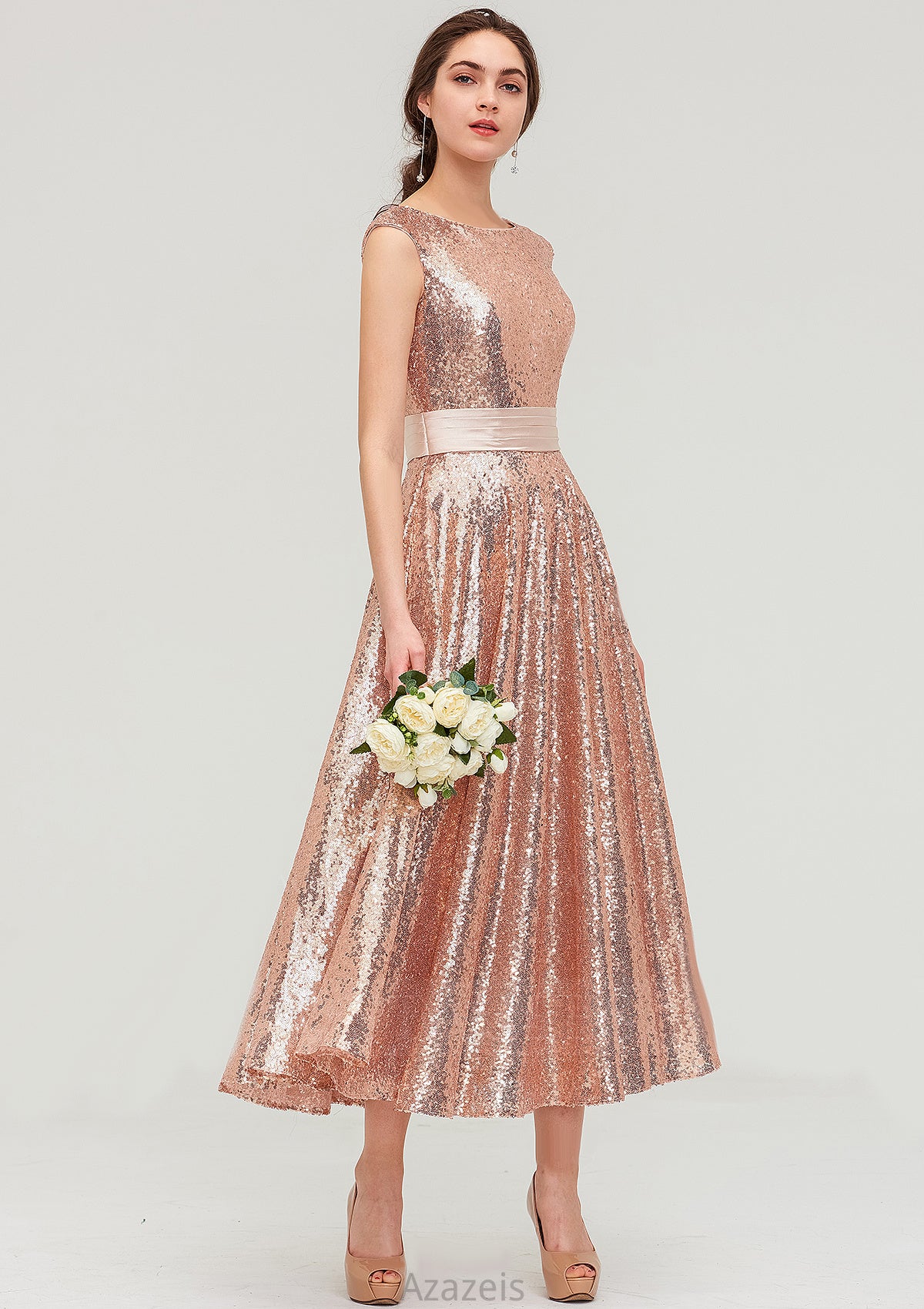 Bateau Sleeveless Tea-Length Sequined A-line/Princess Bridesmaid Dresses With Sashes Keely DFP0025474