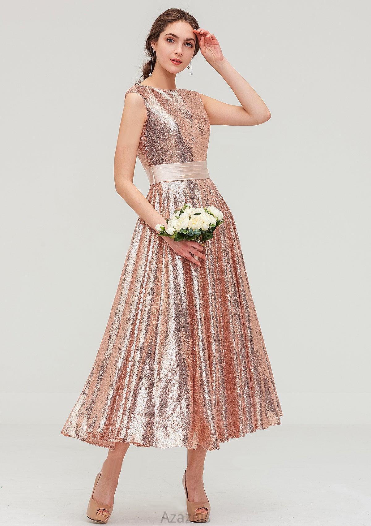 Bateau Sleeveless Tea-Length Sequined A-line/Princess Bridesmaid Dresses With Sashes Keely DFP0025474