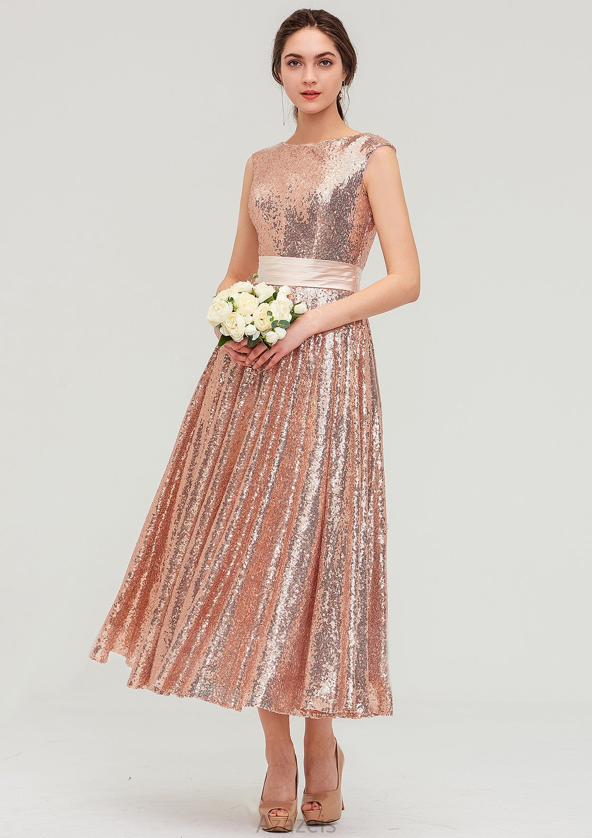 Bateau Sleeveless Tea-Length Sequined A-line/Princess Bridesmaid Dresses With Sashes Keely DFP0025474