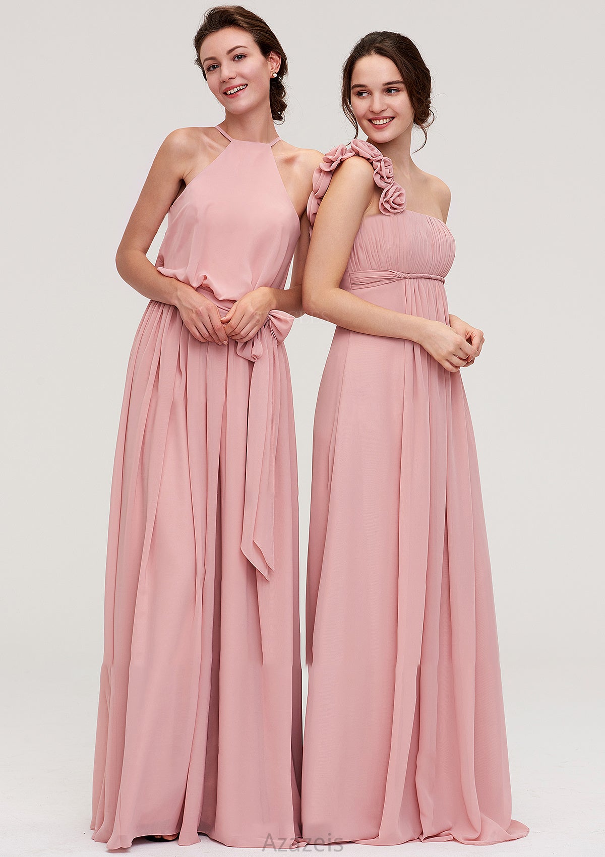 Sleeveless Scoop Neck A-line/Princess Chiffon Long/Floor-Length Bridesmaid Dresseses With Pleated Sashes Lucile DFP0025476