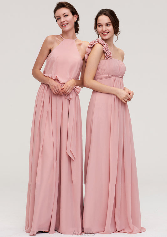 Sleeveless Scoop Neck A-line/Princess Chiffon Long/Floor-Length Bridesmaid Dresseses With Pleated Sashes Lucile DFP0025476