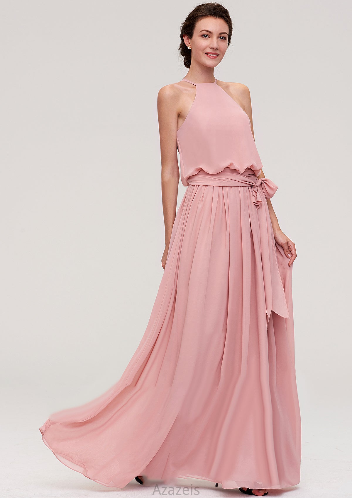 Sleeveless Scoop Neck A-line/Princess Chiffon Long/Floor-Length Bridesmaid Dresseses With Pleated Sashes Lucile DFP0025476