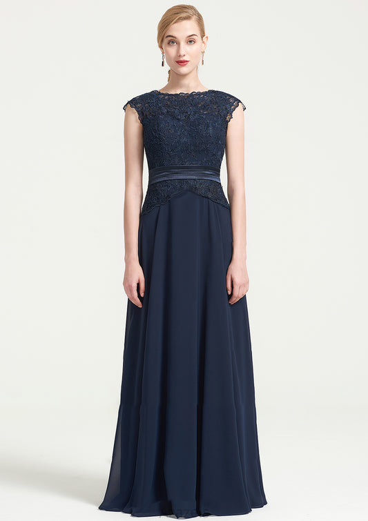 Bateau Sleeveless A-line/Princess Chiffon Long/Floor-Length Bridesmaid Dresses With Sashes Lace Pleated Marisa DFP0025480