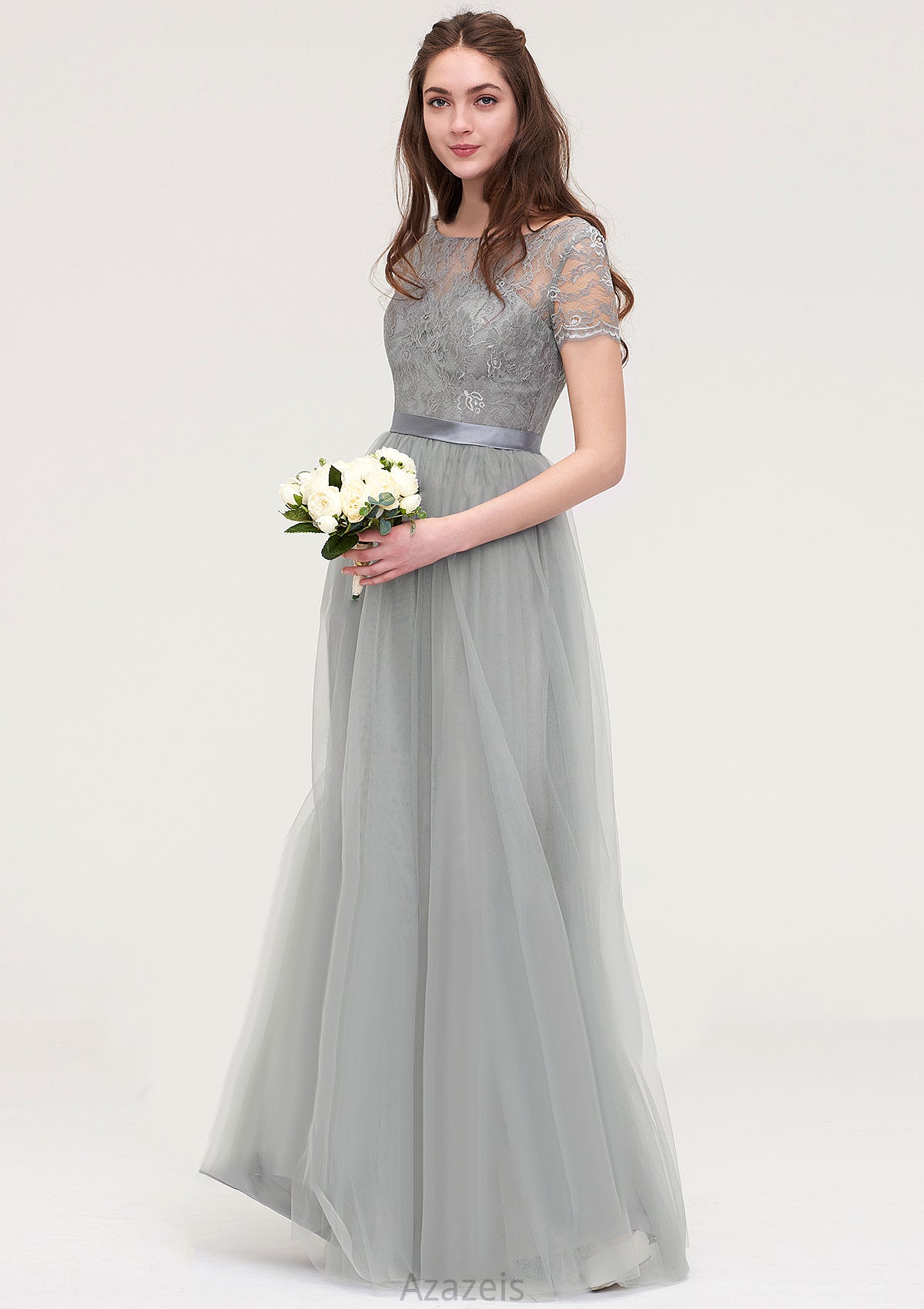 Bateau Short Sleeve Long/Floor-Length Tulle A-line/Princess Bridesmaid Dresses With Sashes Lace Dalia DFP0025482