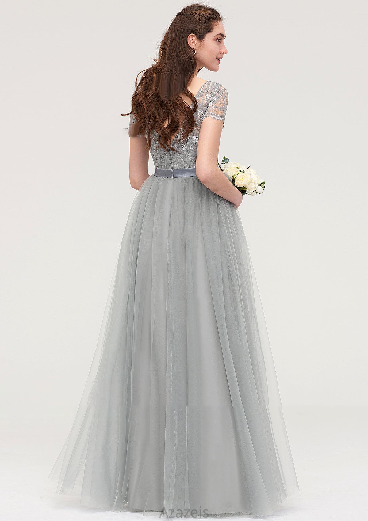 Bateau Short Sleeve Long/Floor-Length Tulle A-line/Princess Bridesmaid Dresses With Sashes Lace Dalia DFP0025482