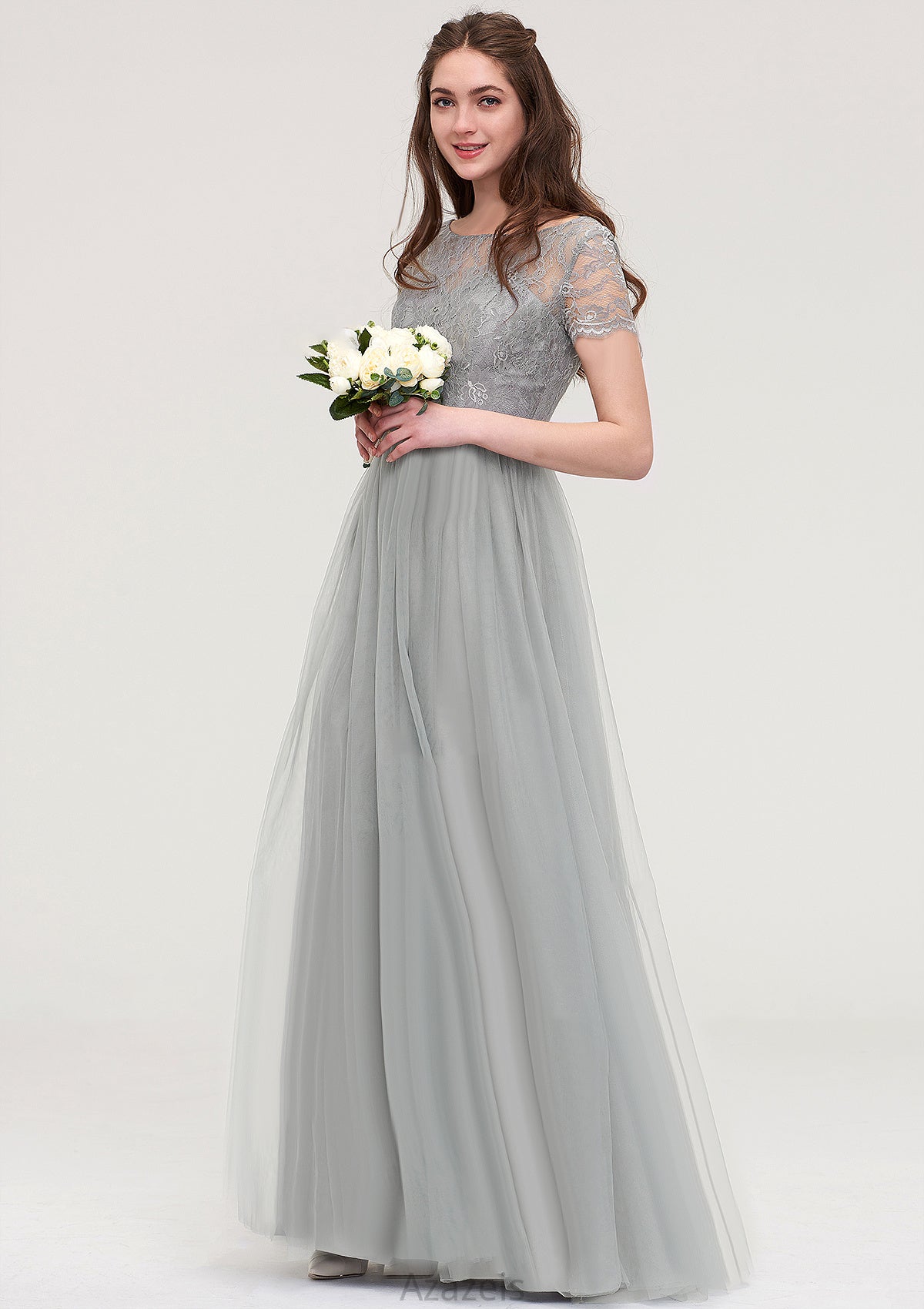 Bateau Short Sleeve Long/Floor-Length Tulle A-line/Princess Bridesmaid Dresses With Sashes Lace Dalia DFP0025482