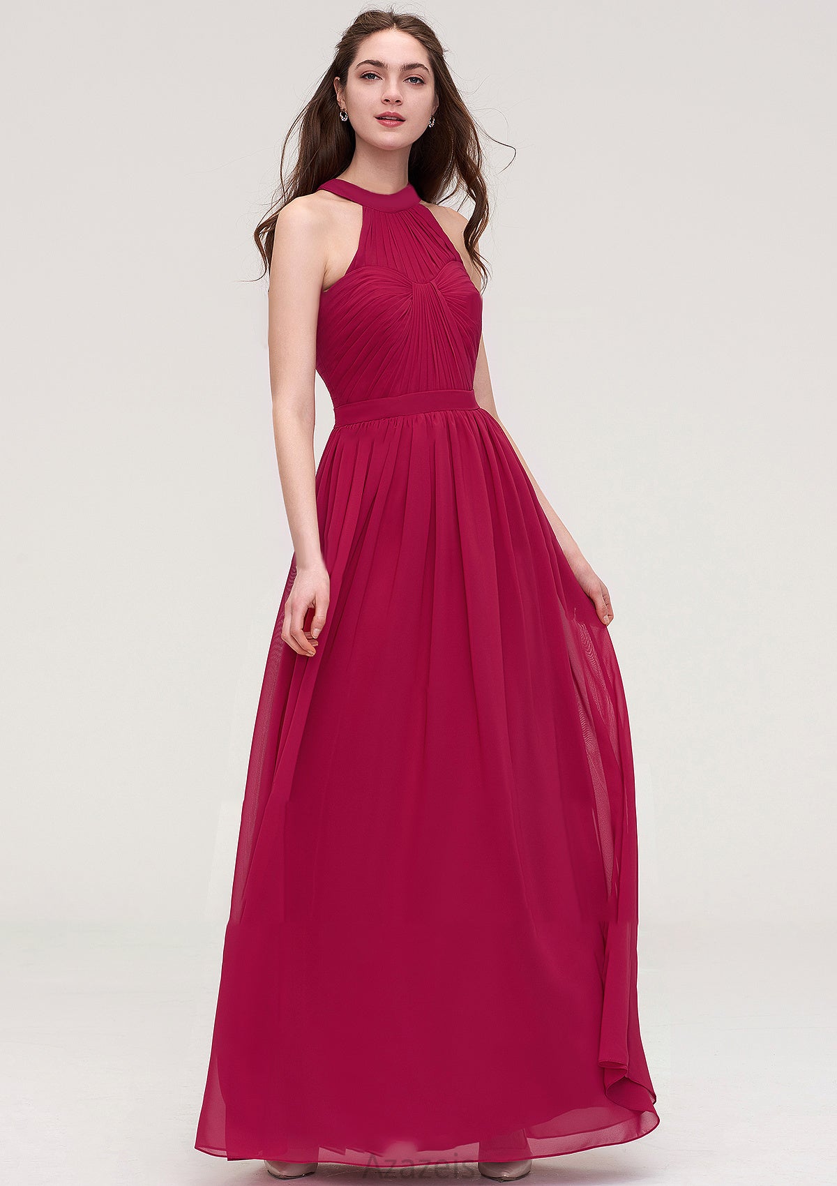 Halter Sleeveless Long/Floor-Length Chiffon A-line/Princess Bridesmaid Dresses With Pleated Lisa DFP0025483