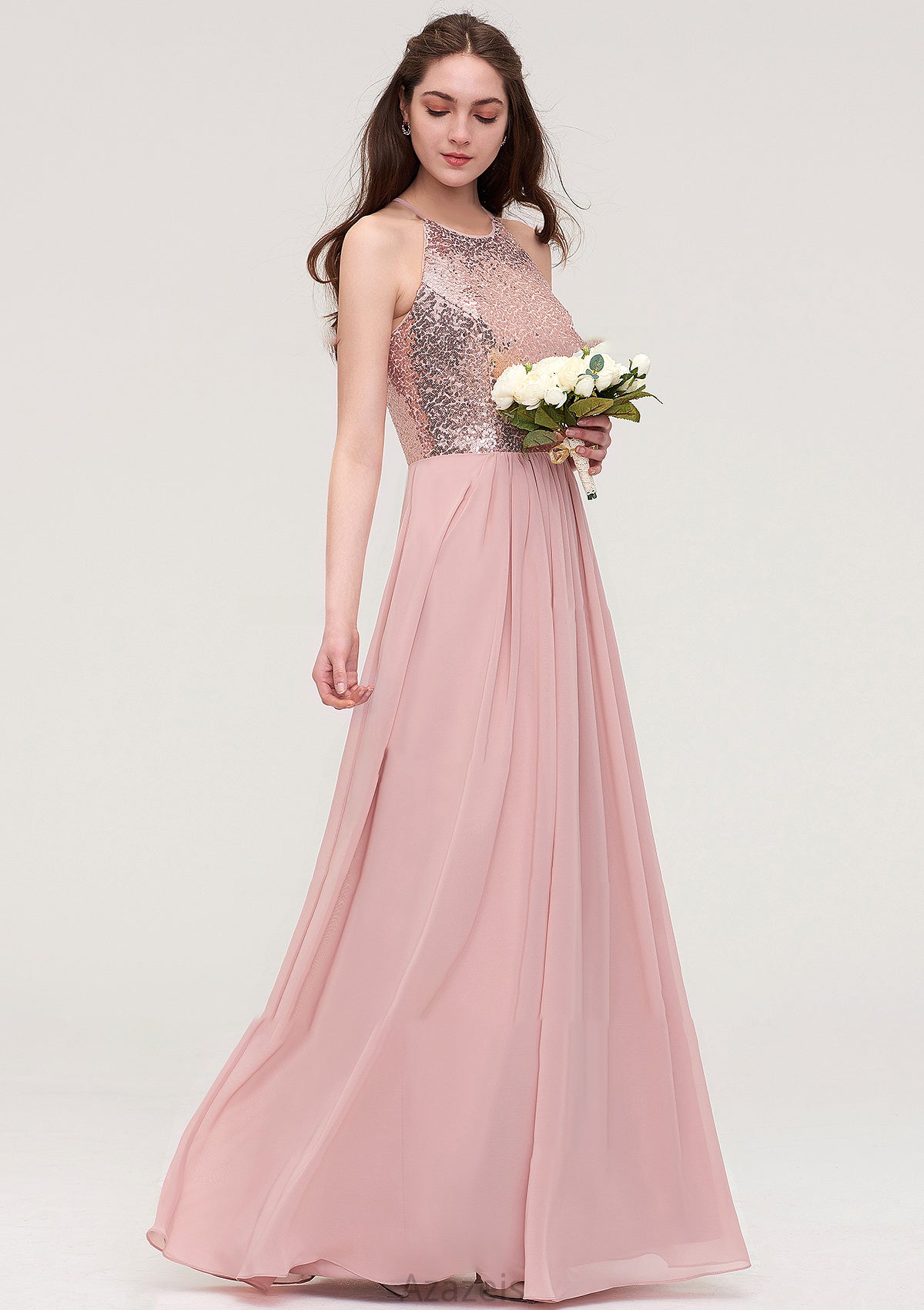 Sleeveless Bateau Long/Floor-Length Chiffon A-line/Princess Bridesmaid Dresses With Sequins Hallie DFP0025484