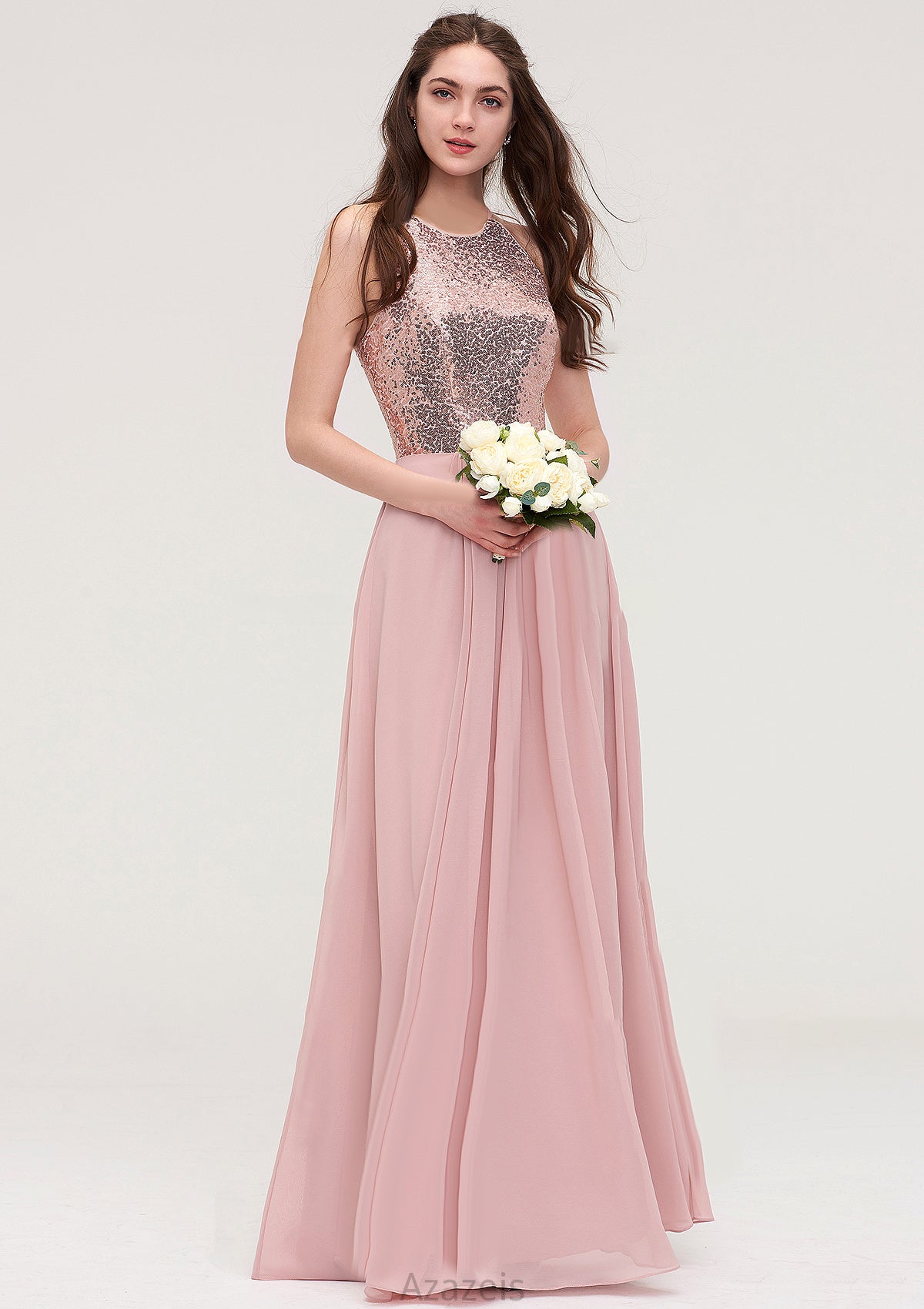 Sleeveless Bateau Long/Floor-Length Chiffon A-line/Princess Bridesmaid Dresses With Sequins Hallie DFP0025484