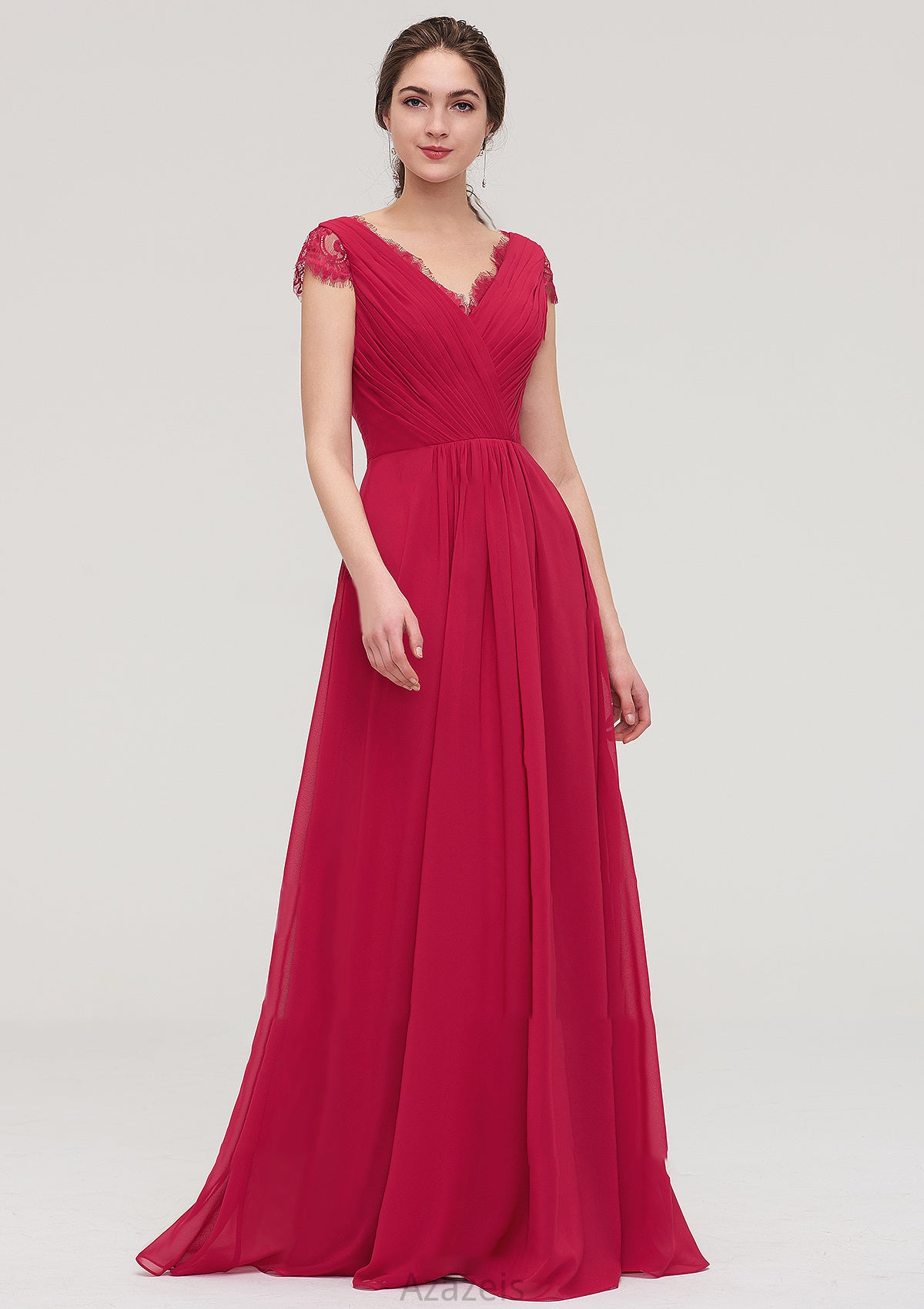 Sleeveless V Neck Long/Floor-Length Chiffon A-line/Princess Bridesmaid Dresses With Lace Pleated Kaleigh DFP0025486