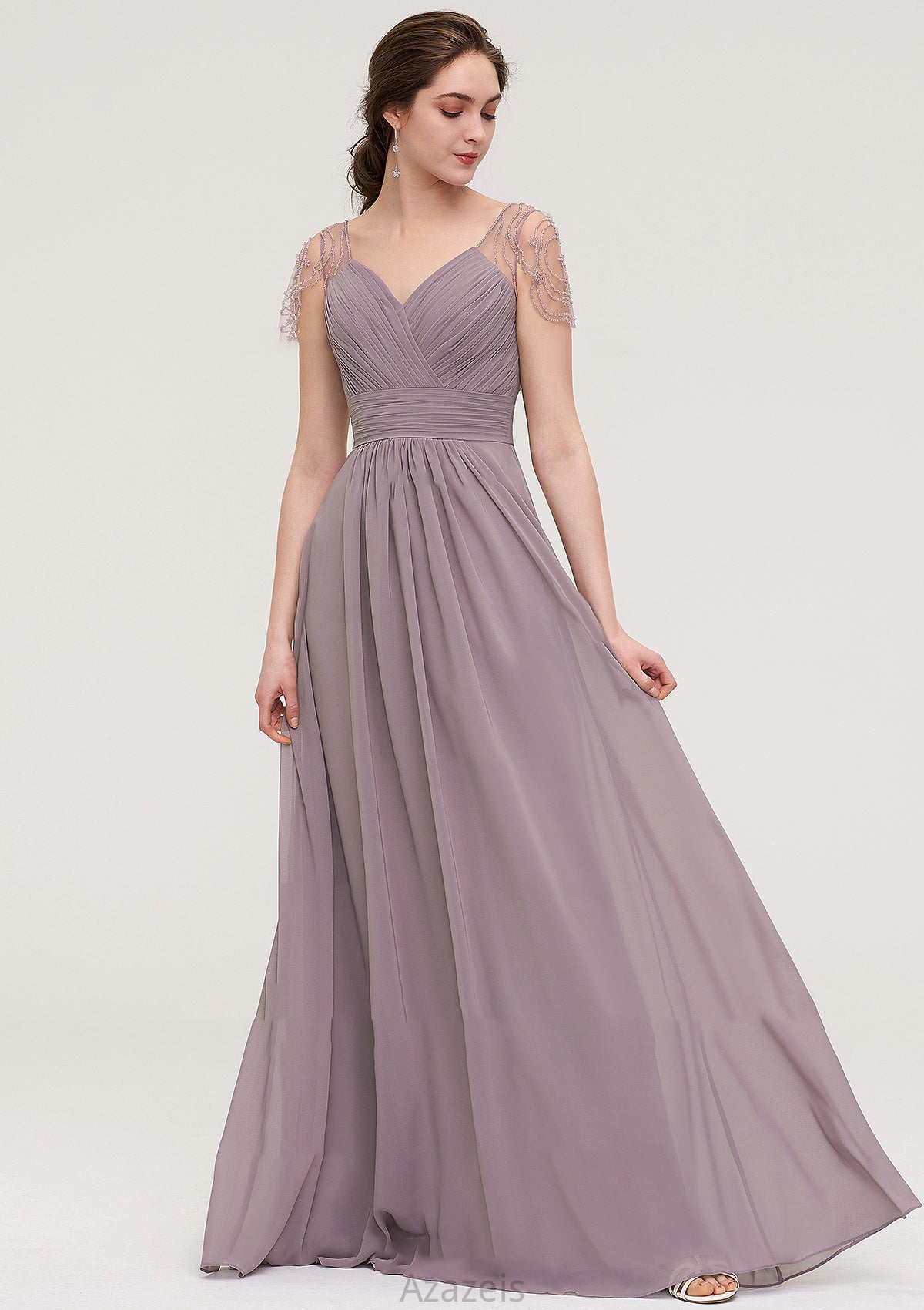 Short Sleeve Sweetheart Long/Floor-Length Chiffon A-line/Princess Bridesmaid Dresses With Pleated Beading Maggie DFP0025487