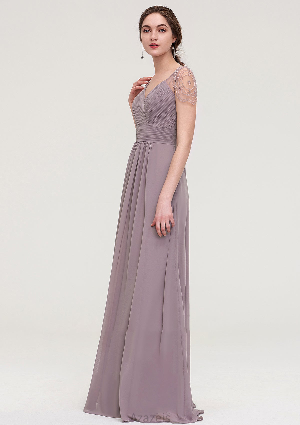 Short Sleeve Sweetheart Long/Floor-Length Chiffon A-line/Princess Bridesmaid Dresses With Pleated Beading Maggie DFP0025487