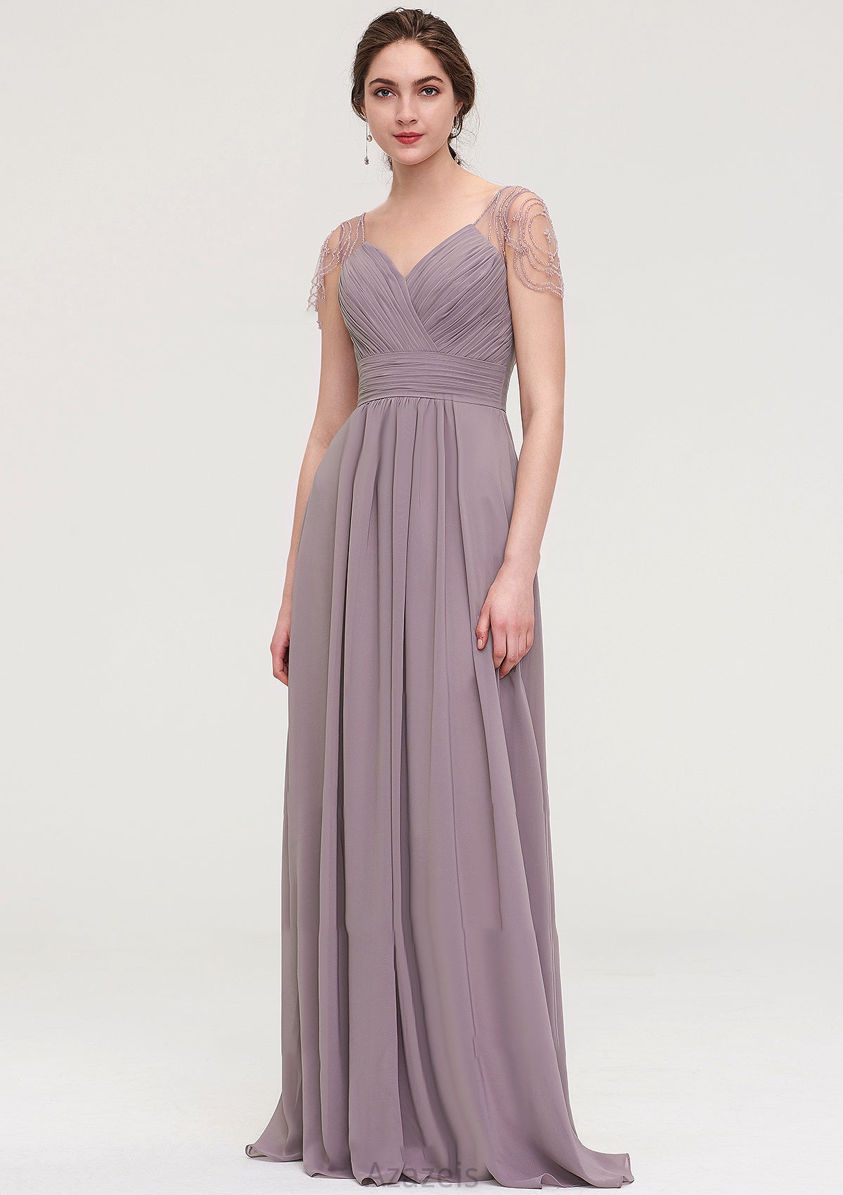 Short Sleeve Sweetheart Long/Floor-Length Chiffon A-line/Princess Bridesmaid Dresses With Pleated Beading Maggie DFP0025487