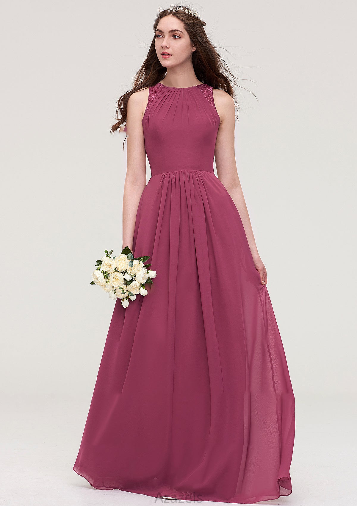 Bateau Sleeveless Long/Floor-Length Chiffon A-line/Princess Bridesmaid Dresses With Lace Pleated Allyson DFP0025488