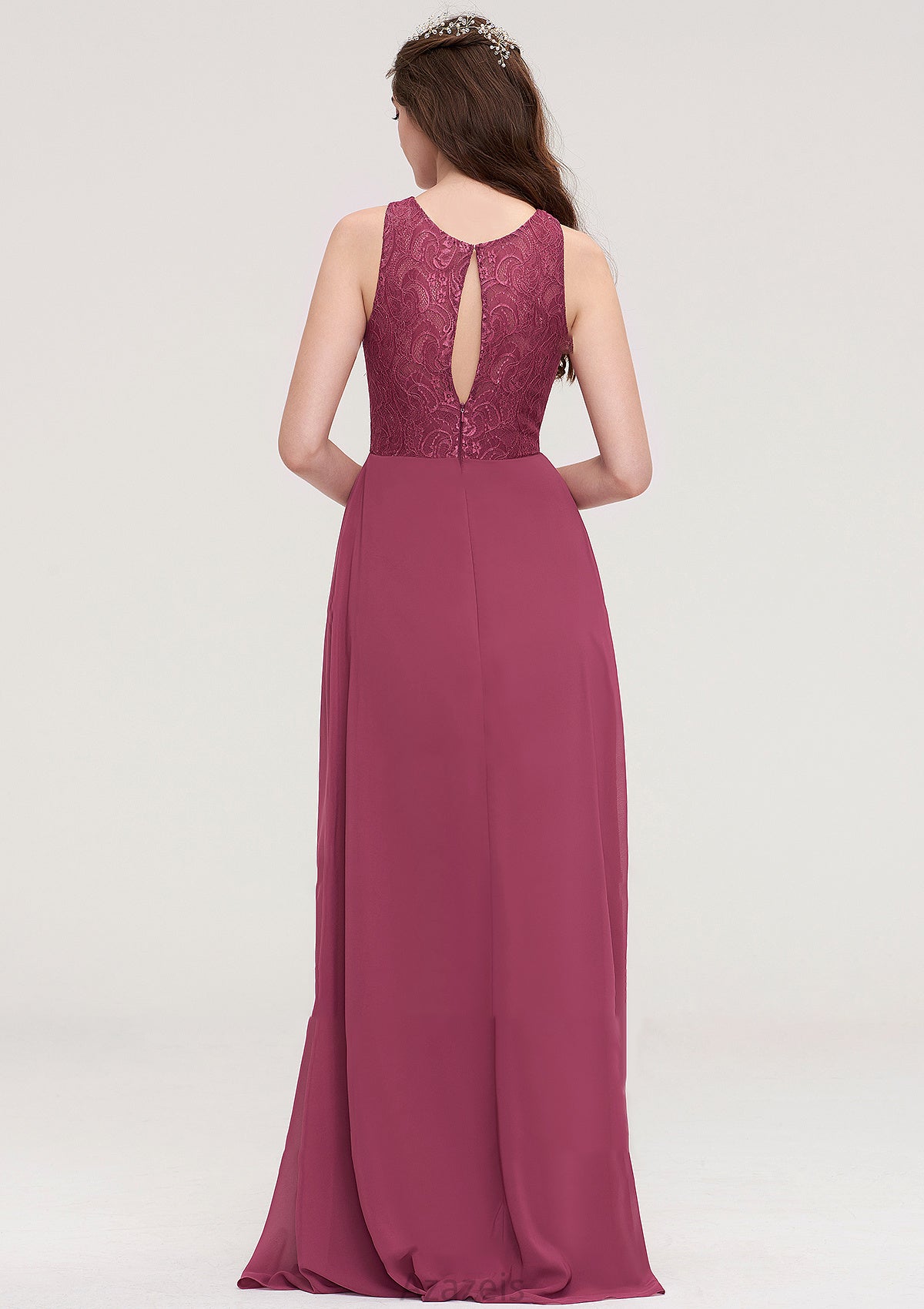 Bateau Sleeveless Long/Floor-Length Chiffon A-line/Princess Bridesmaid Dresses With Lace Pleated Allyson DFP0025488