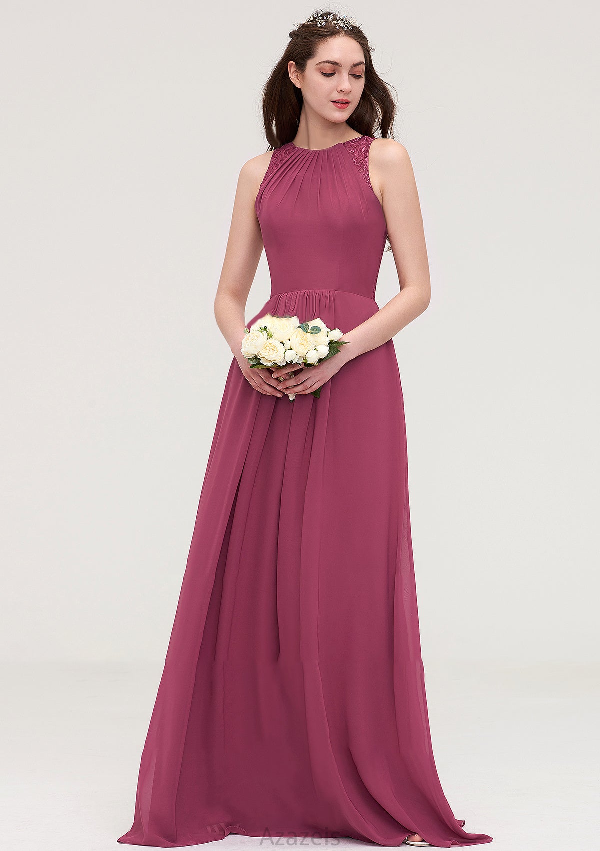 Bateau Sleeveless Long/Floor-Length Chiffon A-line/Princess Bridesmaid Dresses With Lace Pleated Allyson DFP0025488