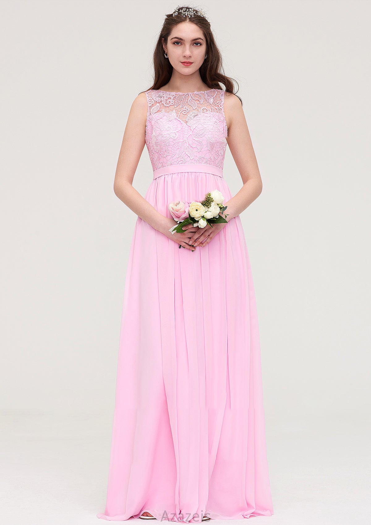 Bateau Sleeveless Long/Floor-Length Chiffon A-line/Princess Bridesmaid Dresses With Lace Zoey DFP0025489