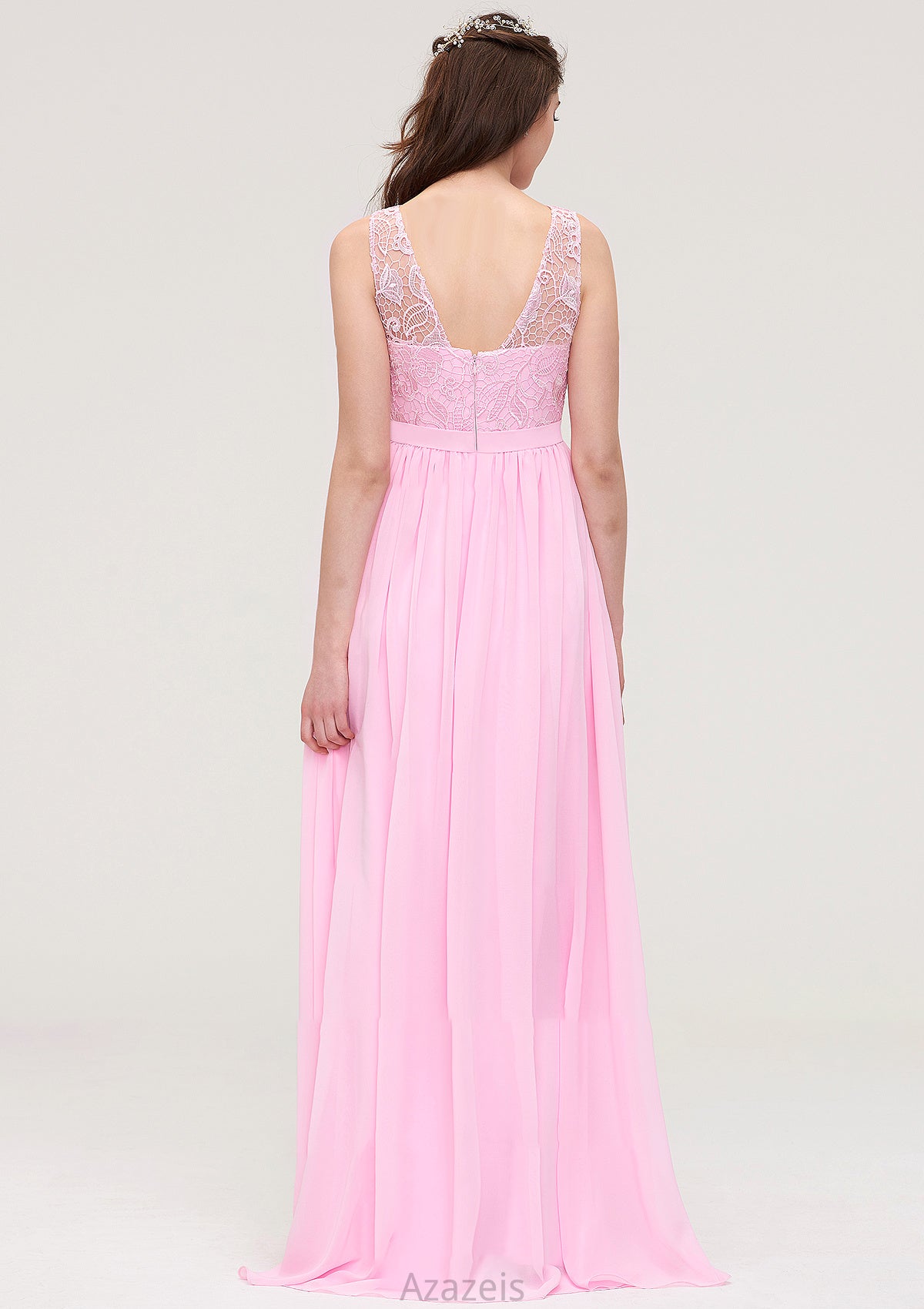 Bateau Sleeveless Long/Floor-Length Chiffon A-line/Princess Bridesmaid Dresses With Lace Zoey DFP0025489