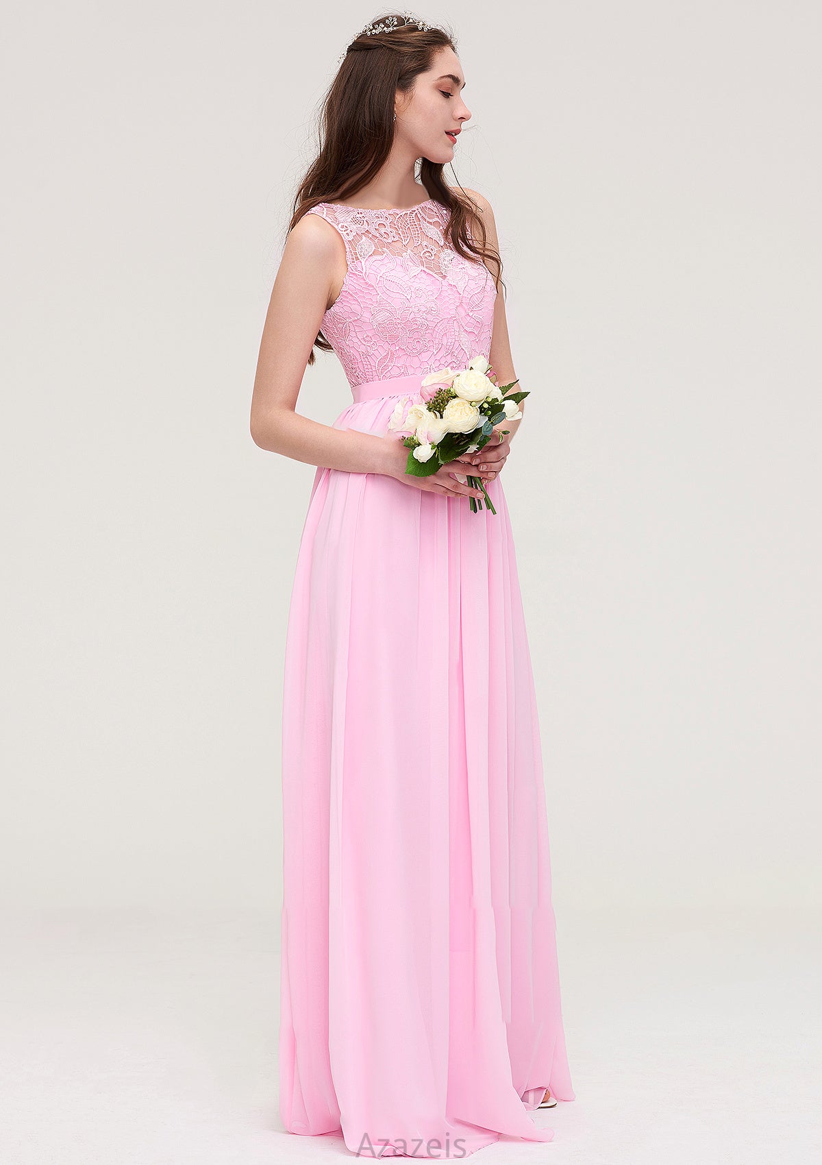 Bateau Sleeveless Long/Floor-Length Chiffon A-line/Princess Bridesmaid Dresses With Lace Zoey DFP0025489