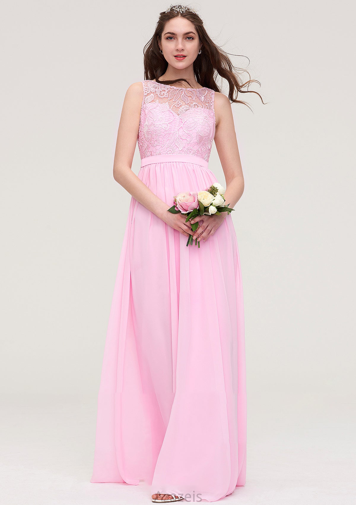 Bateau Sleeveless Long/Floor-Length Chiffon A-line/Princess Bridesmaid Dresses With Lace Zoey DFP0025489