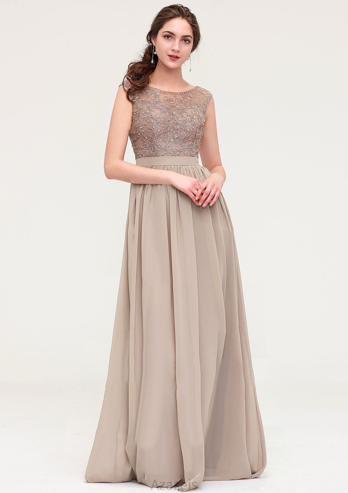 Sleeveless Scoop Neck Long/Floor-Length Chiffon A-line/Princess Bridesmaid Dresses With Sequins Beading Lace Pleated Evelin DFP0025493