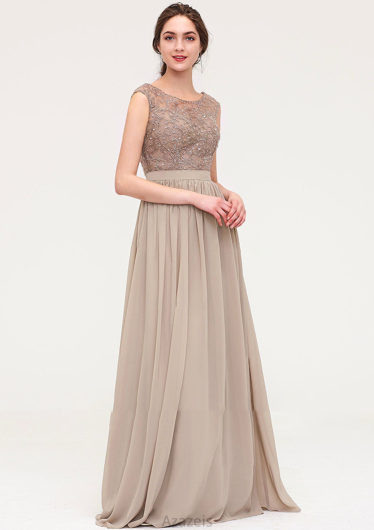 Sleeveless Scoop Neck Long/Floor-Length Chiffon A-line/Princess Bridesmaid Dresses With Sequins Beading Lace Pleated Evelin DFP0025493